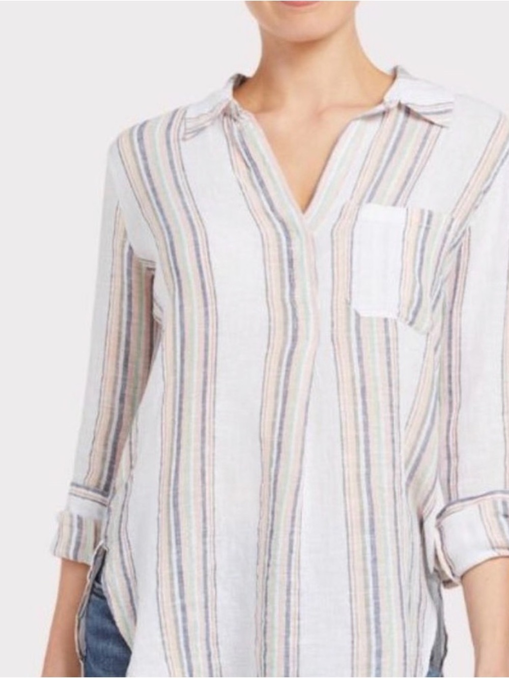 Sanctuary Women's Striped V-Neck Collared Shirt - White with Pastel Stripes